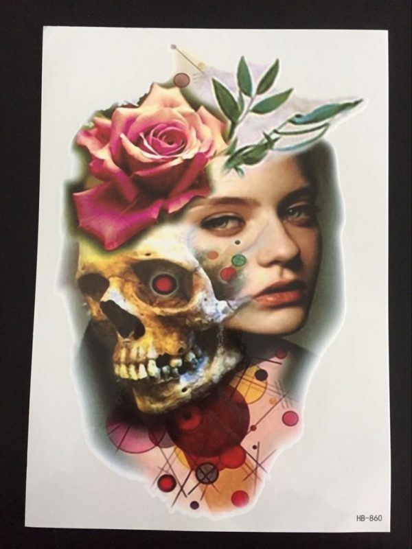 Temporäres Tattoo 21 x 15 cm – Mädchen-Totenkopf-Rose