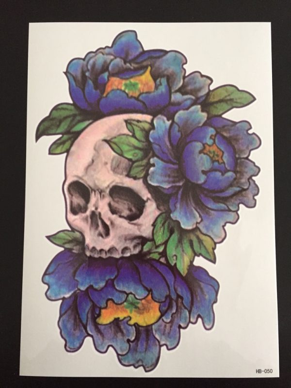 Tillfällig Tatuering 21 x 15cm - Skull & Flowers