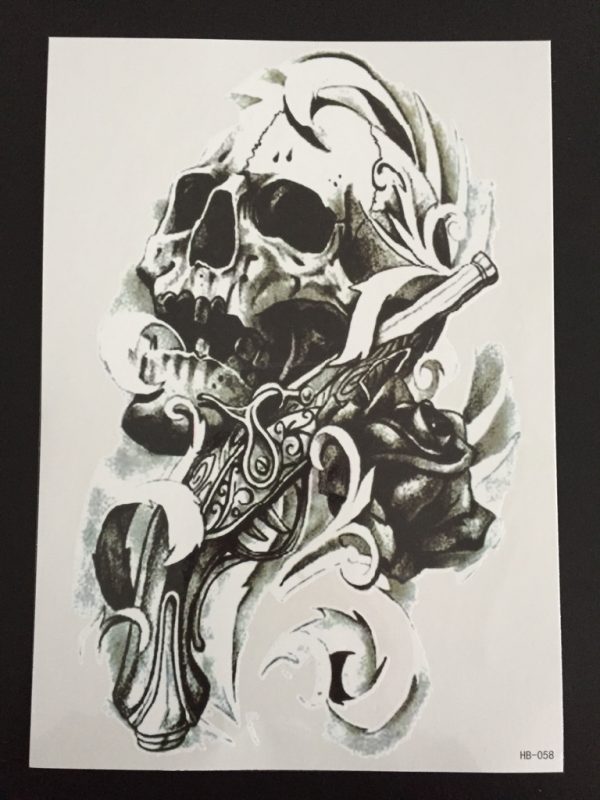 Tillfällig Tatuering 21 x 15cm - Black & Grey Skull
