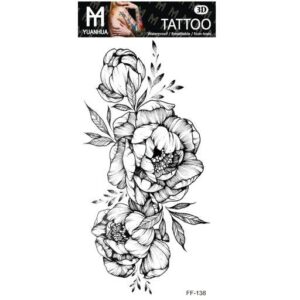 Temporäres Tattoo 19 x 9 cm – 3 leuchtend schwarze und weiße Blumen