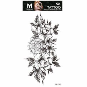 Temporäres Tattoo 19 x 9 cm – 3 schwarze und weiße Blumen mit Blättern